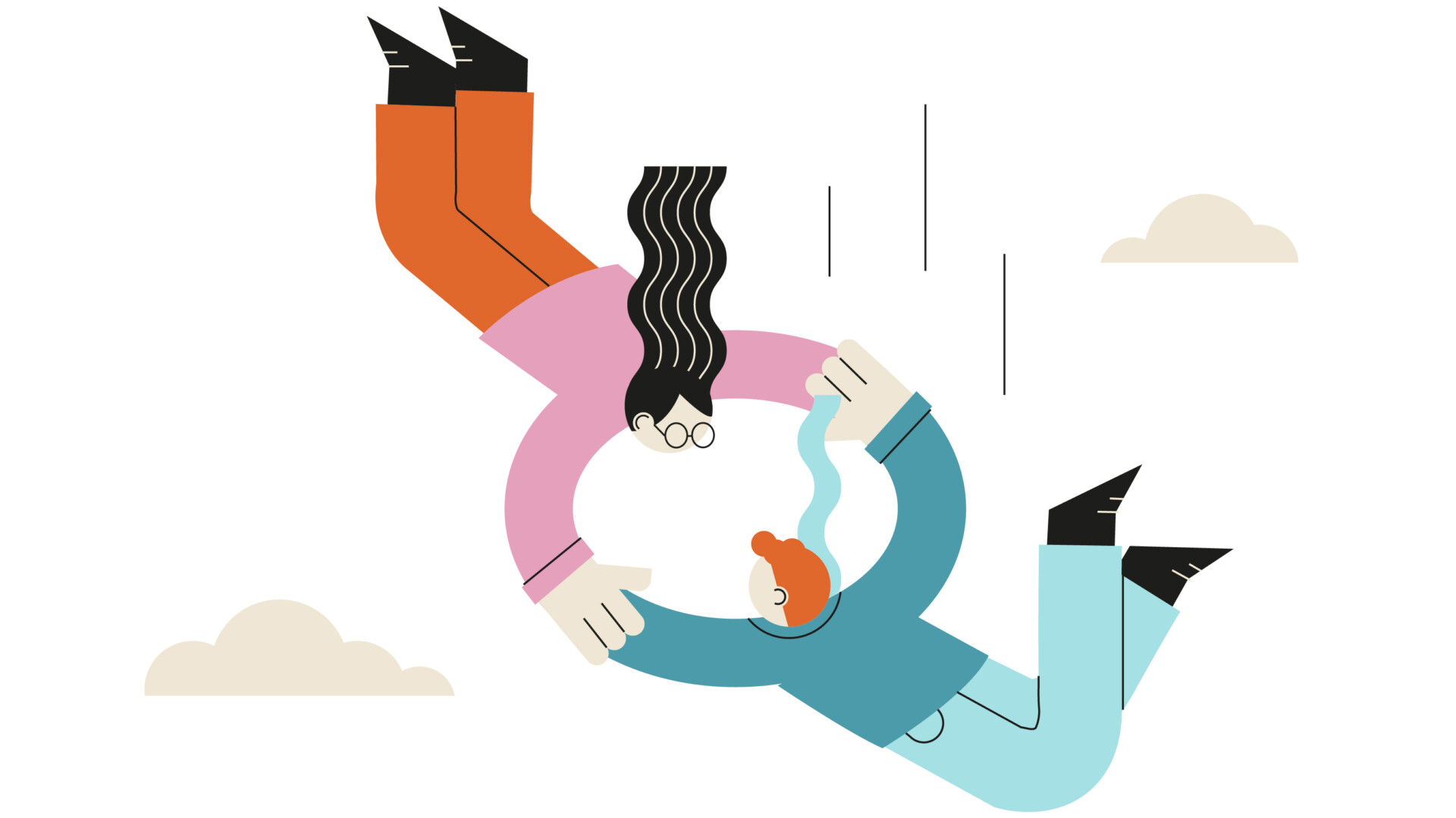 Illustration showing two people in freefall holding onto one another in a display of trust