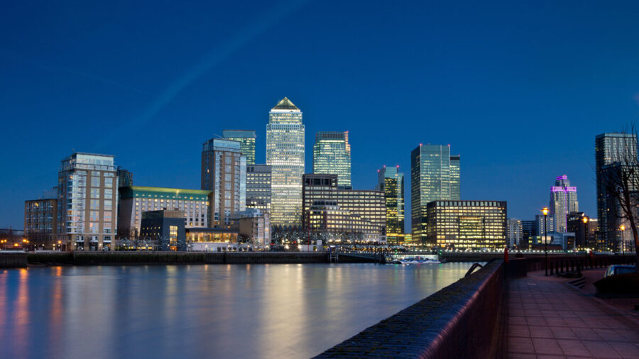Canary Wharf seen at dusk