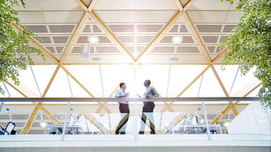 Two business decision-makers discuss strategy in a large, open, well-lit office
