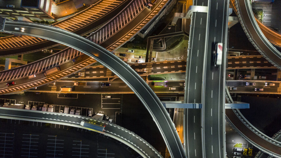 Night Photograph Of Complicated Intersecting Highway.